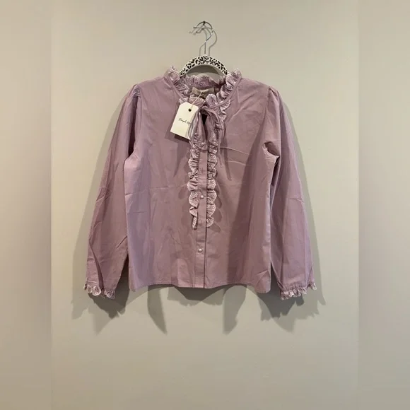 Pink Ruffled Long Sleeve Blouse with Bib Collar - Picture 2 of 10